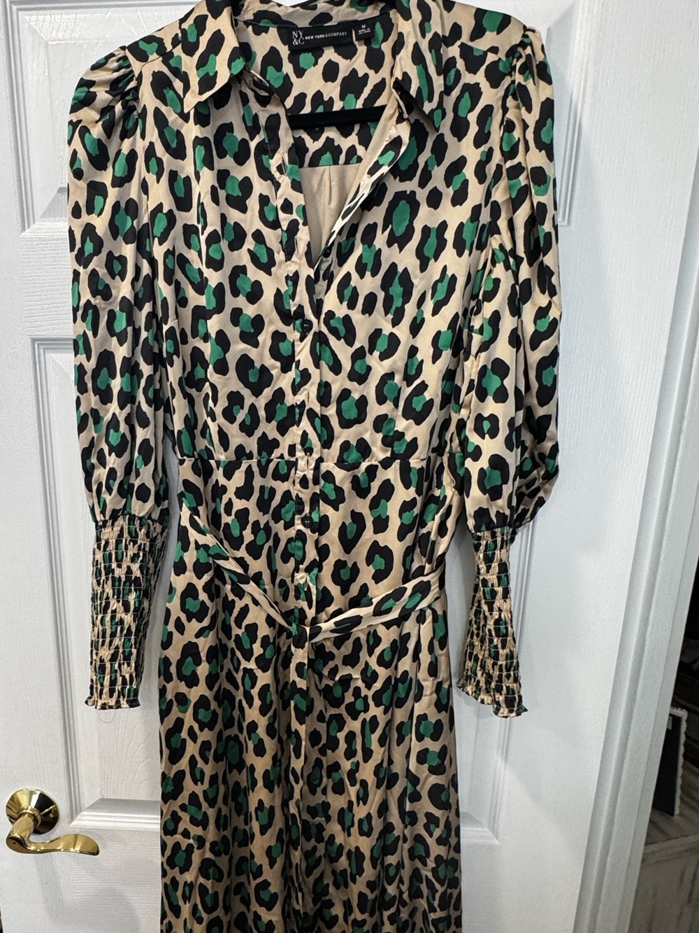 New York & Company Green and Black Leopard Print Shirt Dress